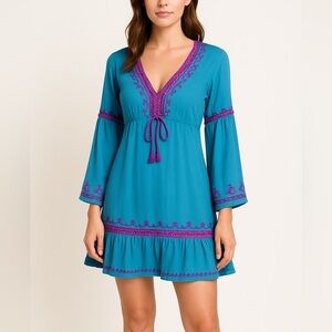 Moda International vintage blue dress purple braid ruffle‎ hem slit sleeve, S